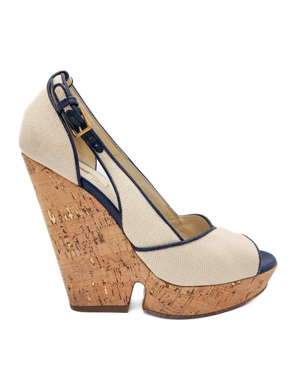 YSL Yves Saint Laurent Canvass Cork Platform Wedge Open Toe Shoes EU 38